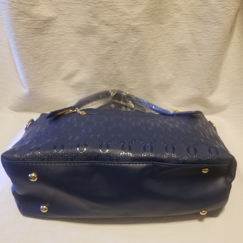 Matching set of 3 textured dark blue purses w chocolate brown interiors - Picture 7 of 10